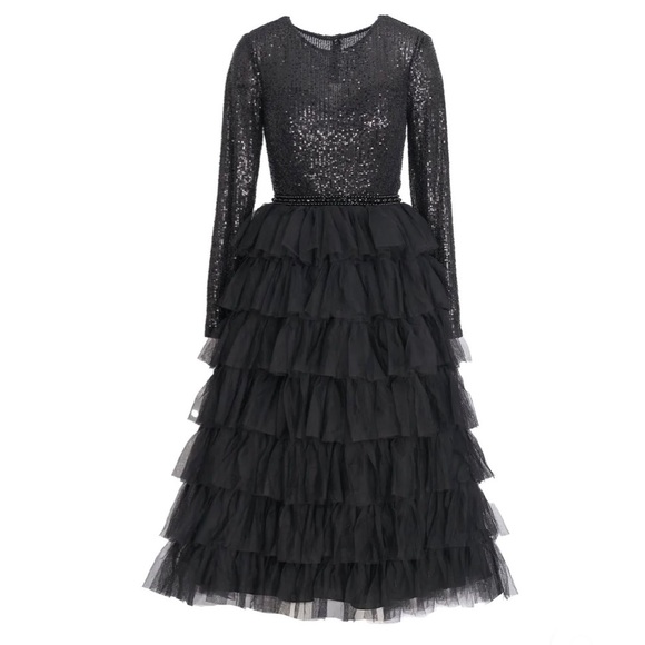 Mac Duggal Black Sequined Long Sleeve Tiered Ruffle Midi Dress - Picture 4 of 7